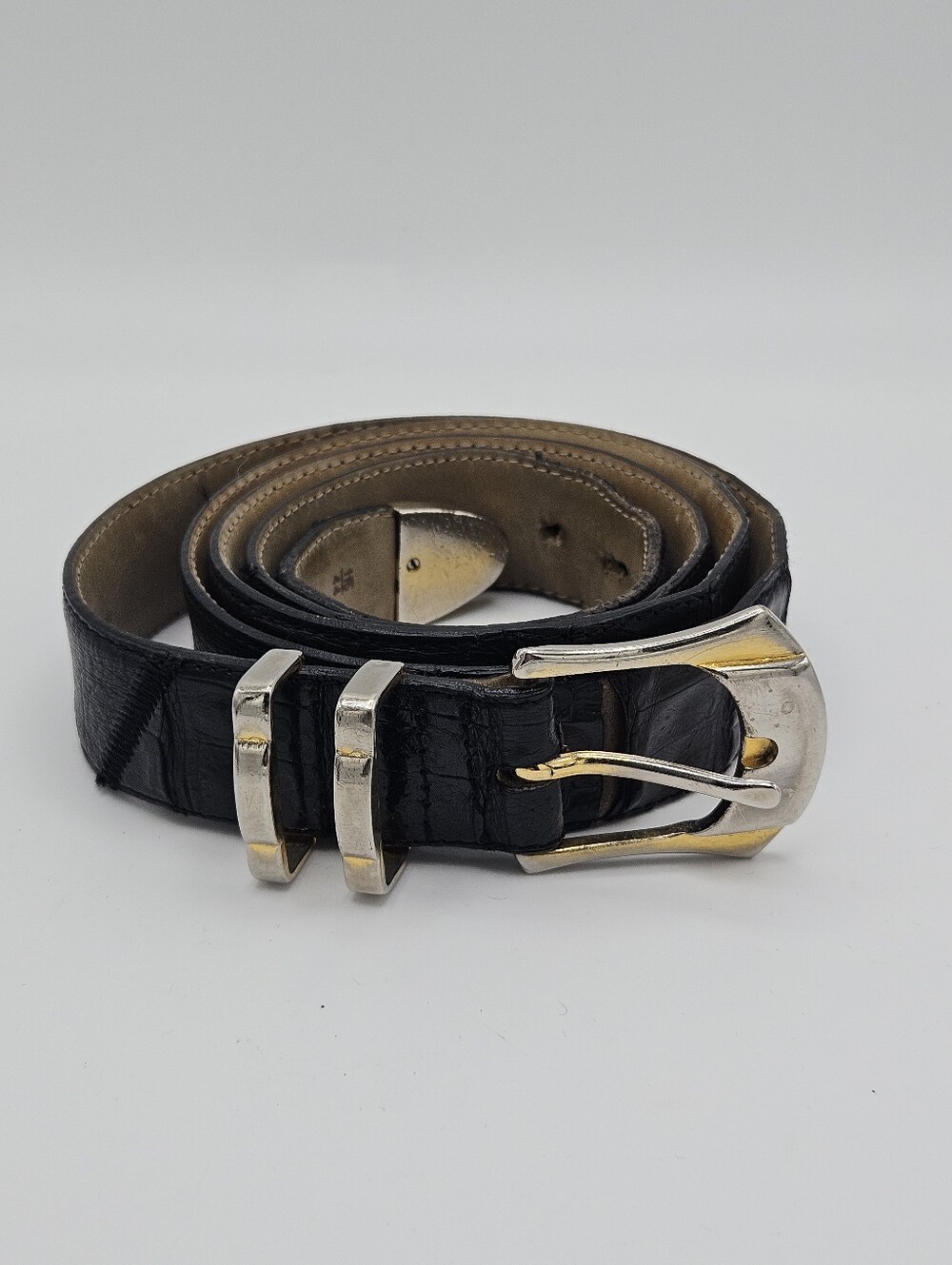Cuzzens vintage black exotic leather belt size 44 ostrich lizard crocodile FLAW